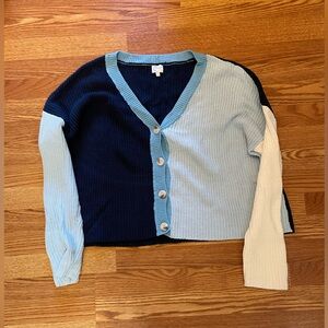 Color block cardigan. Blues and white, XL, Francesca’s